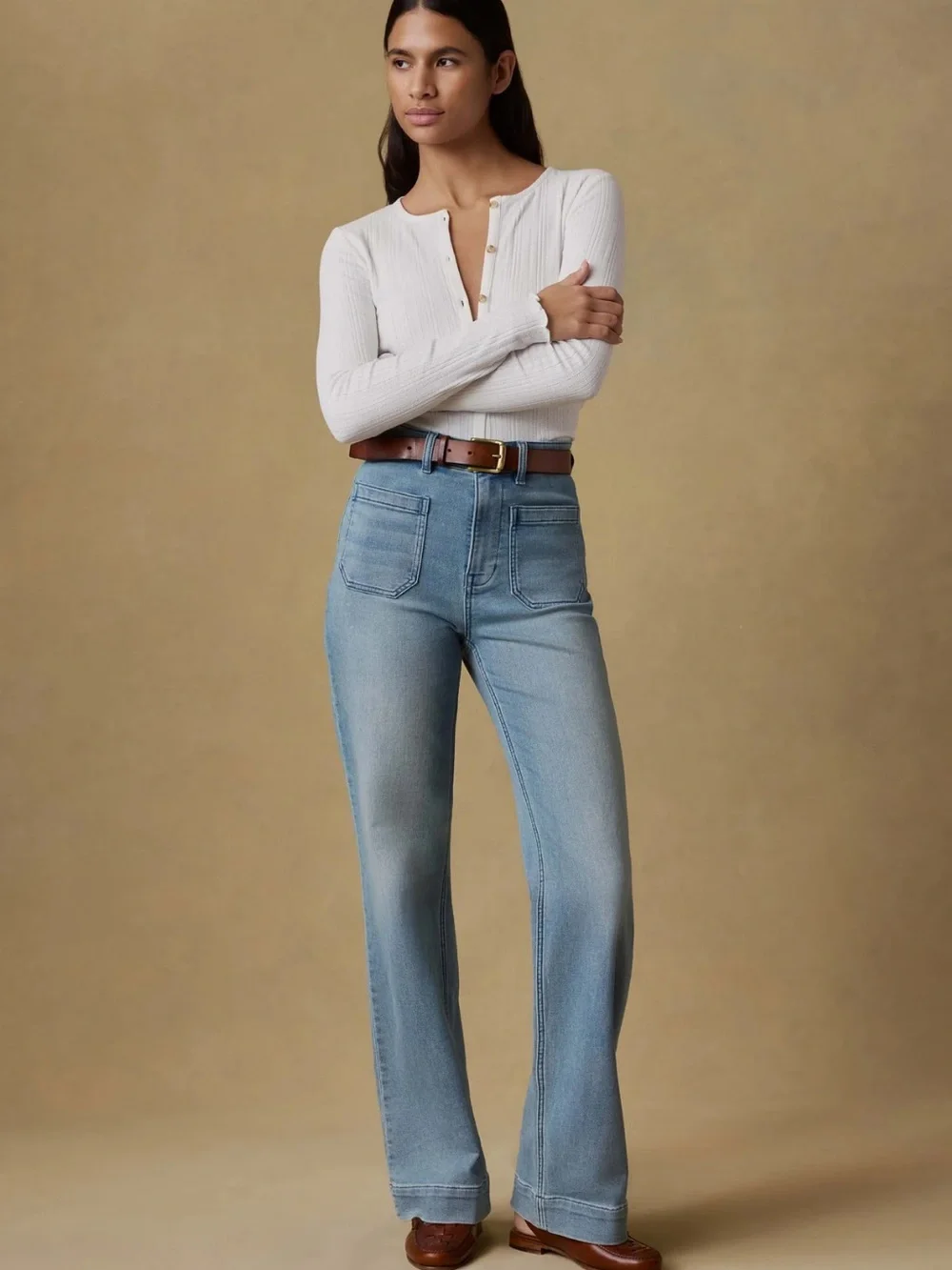 Faherty Stretch Terry Patch Pocket High Rise Light Wash Flare Jeans NWOT Sz 25